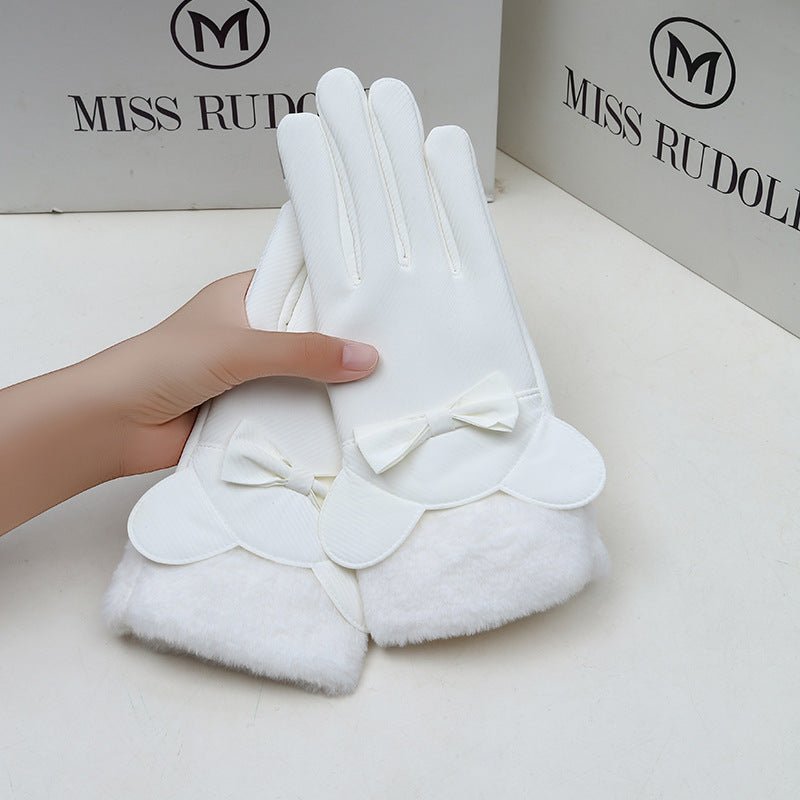 Exclusive Winter Women's Touch Screen Fleece-lined Thickened Warm Gloves — Fur Mouth Bear Beige — Alternate View 18