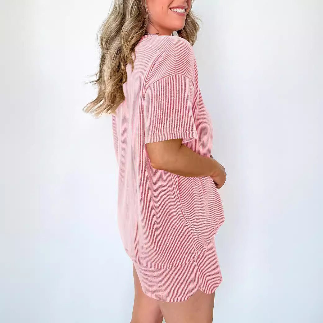 Exclusive Women's Short-sleeved Wavy Round Neck Two-piece Suit — Pink — Size S — Side View