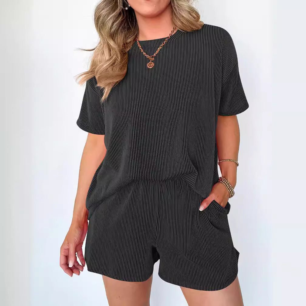Exclusive Women's Short-sleeved Wavy Round Neck Two-piece Suit — Pink — Size S — Detail View